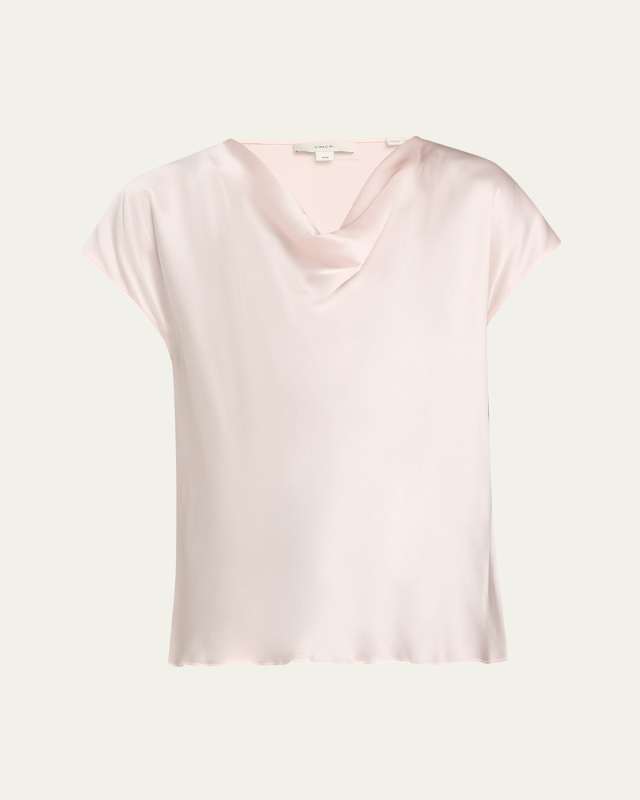 Cowl-Neck Cap-Sleeve Satin Blouse